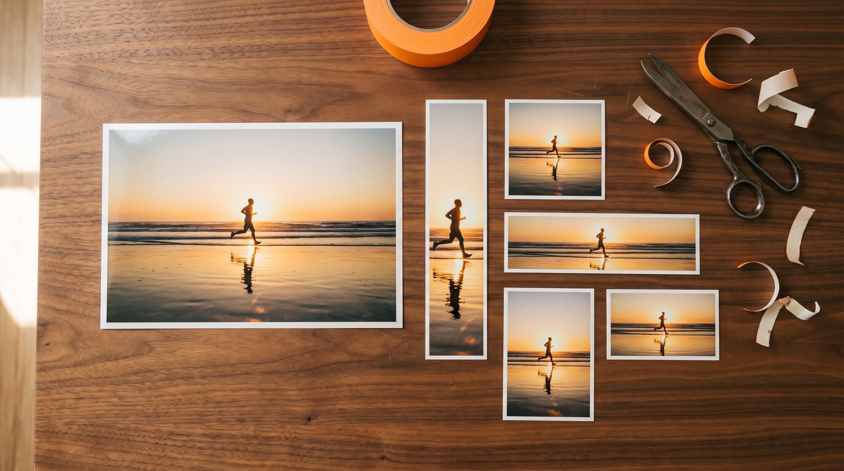 One wide beach print beside five smaller prints of the same frame cut to different aspect ratios