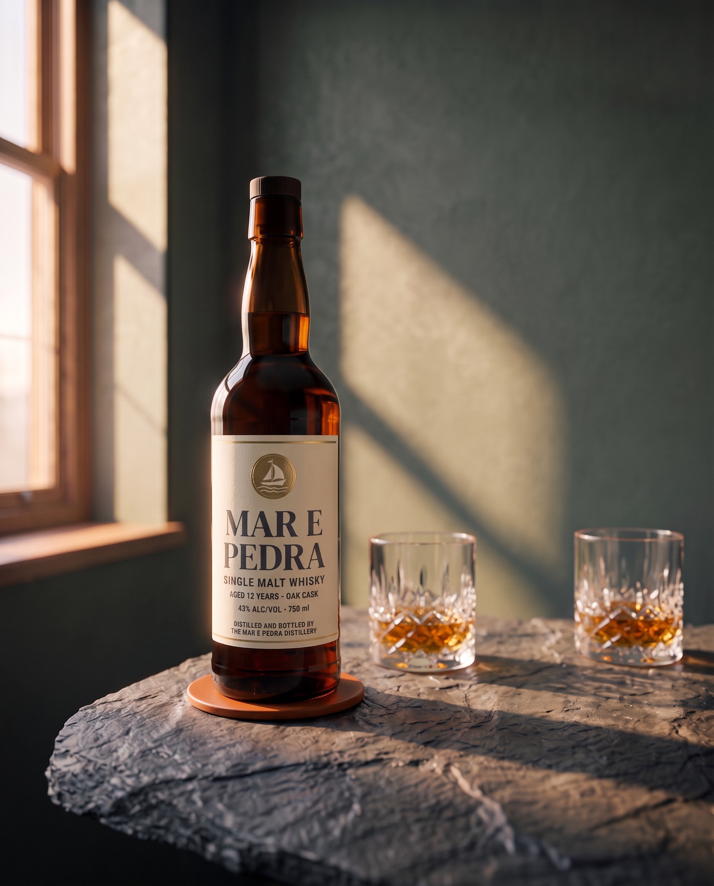 The delivered piece, revision 1. An amber bottle on a stone table by a window, with two whisky glasses beside it.